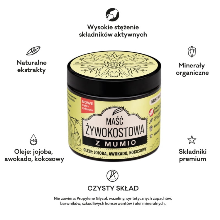 Maść żywokostowa z mumio i minerałami, olejem jojoba, awokado i kokosowym oraz olejkiem bergamotowym na kości, stawy i mięśnie 150ml 1