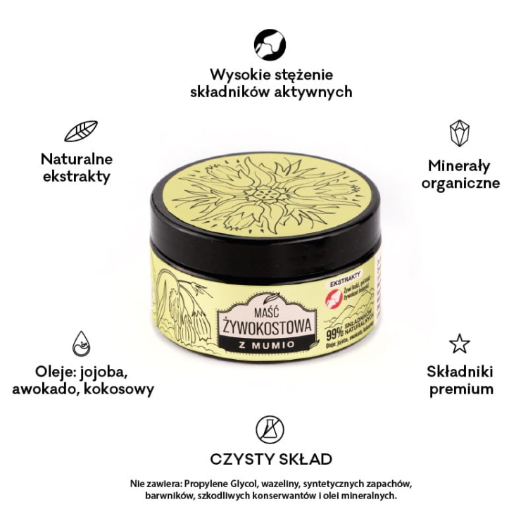 Maść żywokostowa z mumio i minerałami, olejem jojoba, awokado i kokosowym oraz olejkiem bergamotowym na kości, stawy i mięśnie 70ml 3